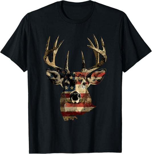 Whitetail Buck Deer Hunting 4th Of July USA American Flag T-Shirt - T-Shirt | Black
