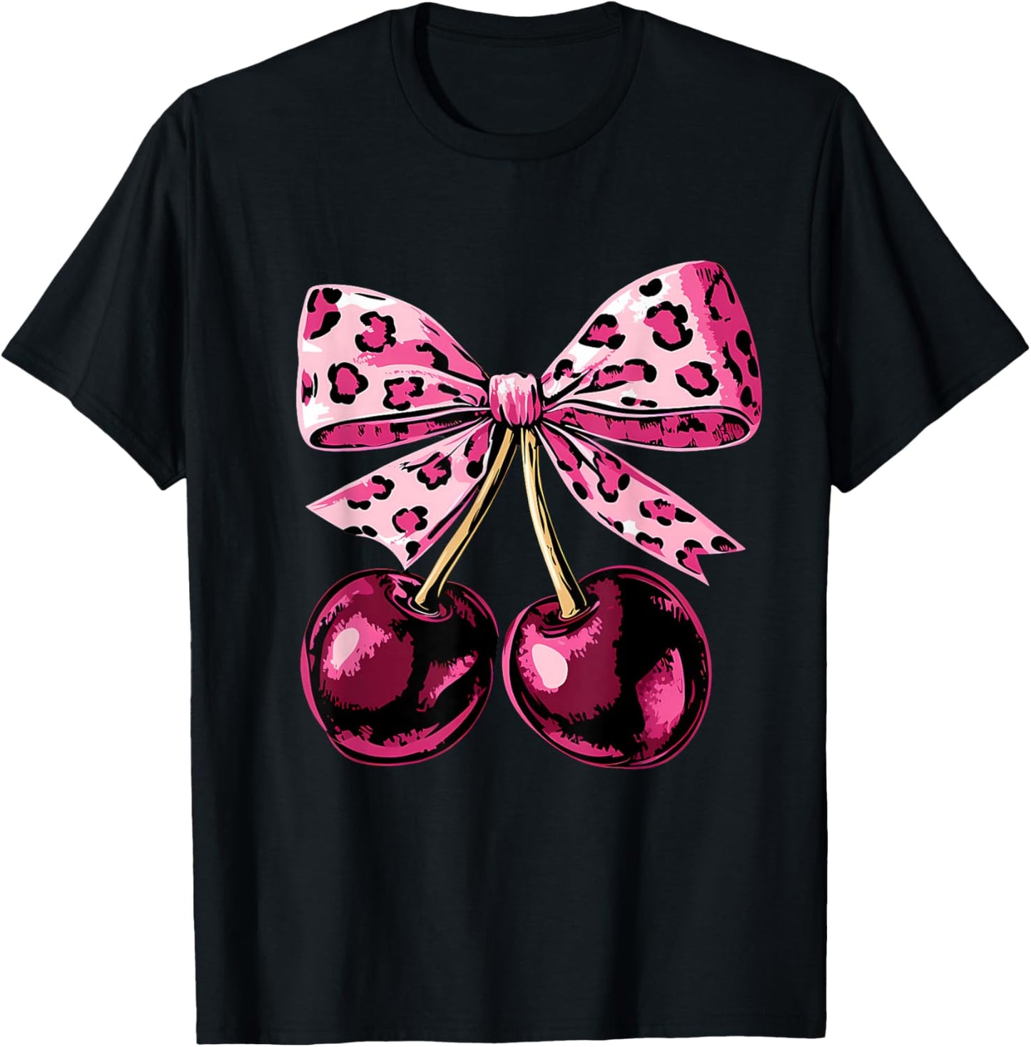 Cerises with Bow Flirty Leopard Pink Cherry T-Shirt - T-Shirt | Black