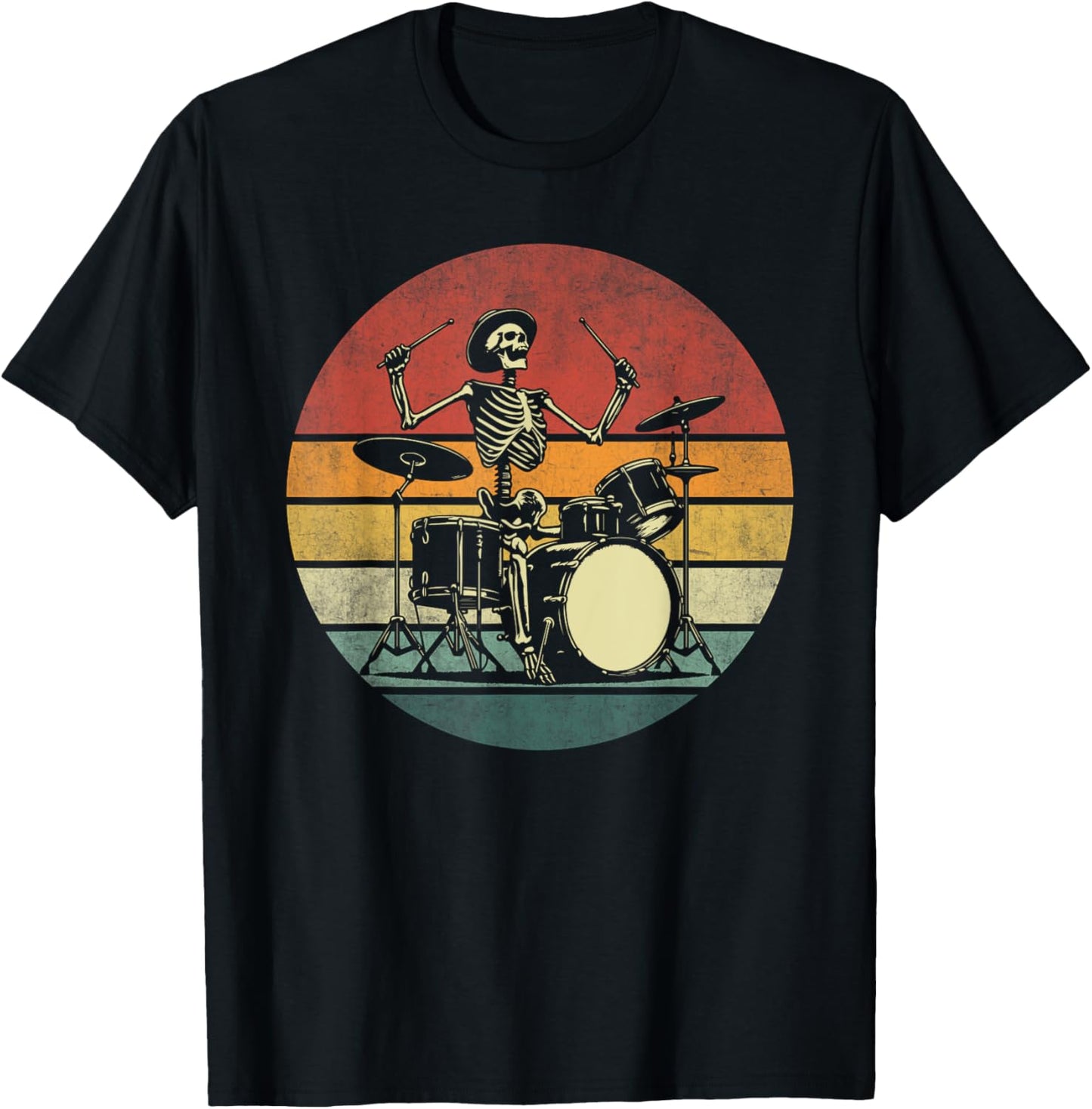 Retro Drummer Rock Skeleton Drummer Skeleton Playing Drum T-Shirt - T-Shirt | Black