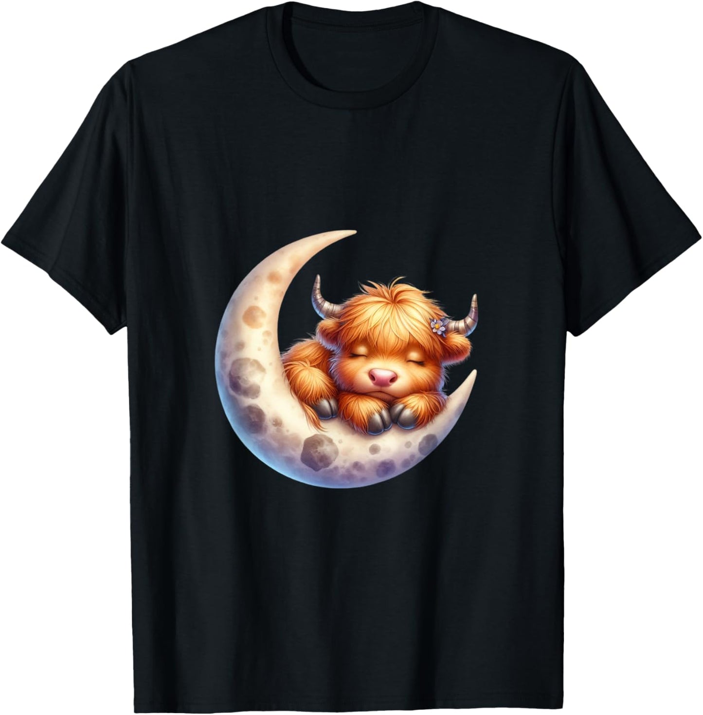 Cute Baby Highland Cow Sleeping on the Moon Heifer Farm T-Shirt - T-Shirt | Black
