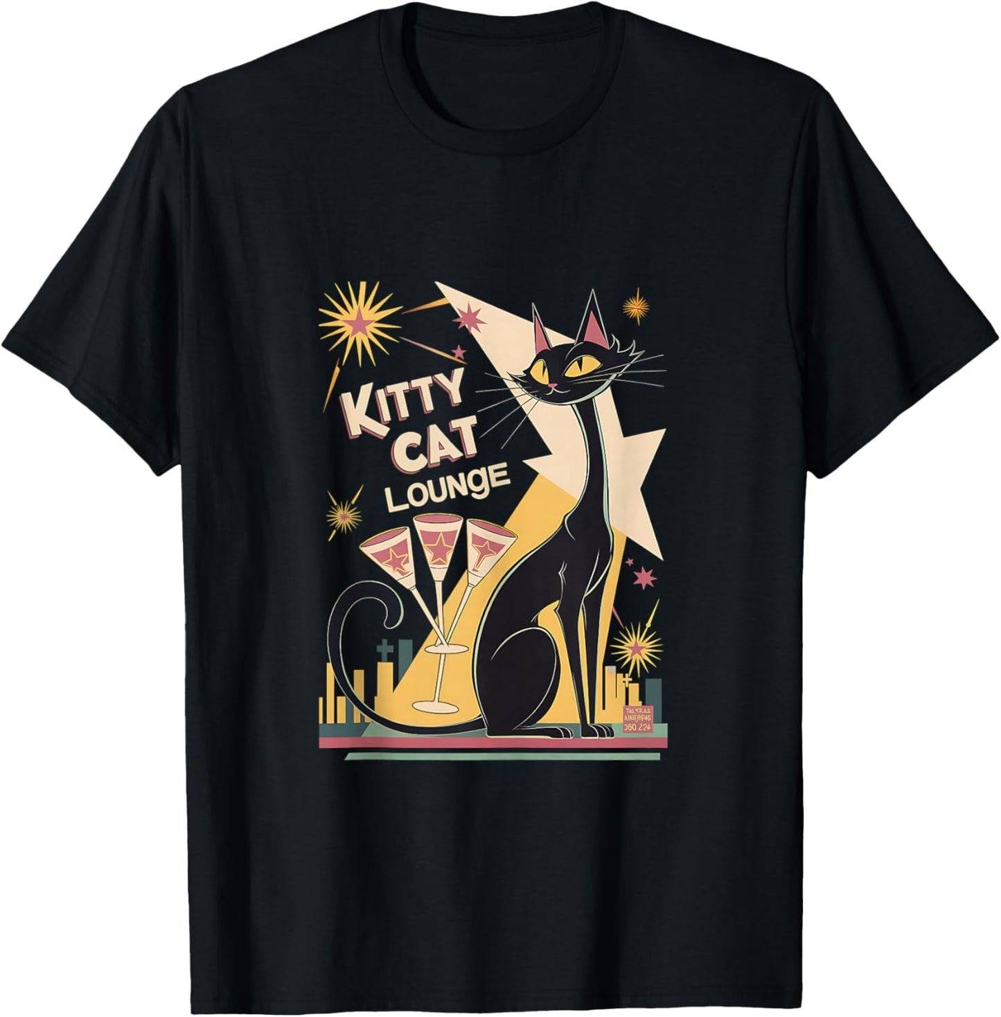 Retro Mid-Century Modern Cat and Cocktails Lounge Theme T-Shirt - T-Shirt | Black