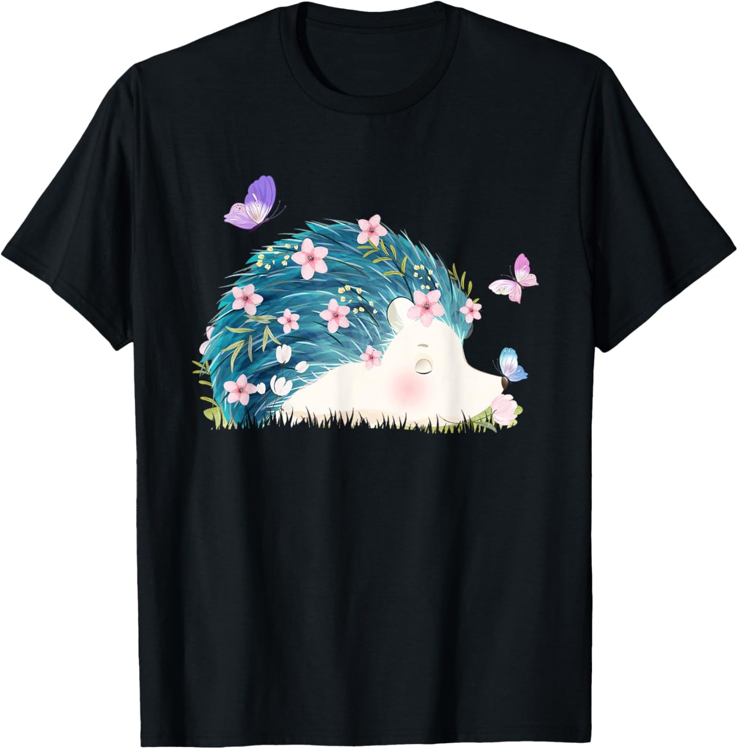 Hedgehog - Flowers Butterflies Nature Porcupine Lover T-Shirt - T-Shirt | Black