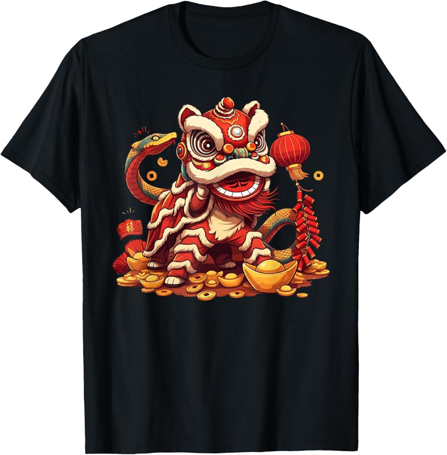 Funny Lion Snake Chinese New Year 2025 Kids T-Shirt - T-Shirt | Black