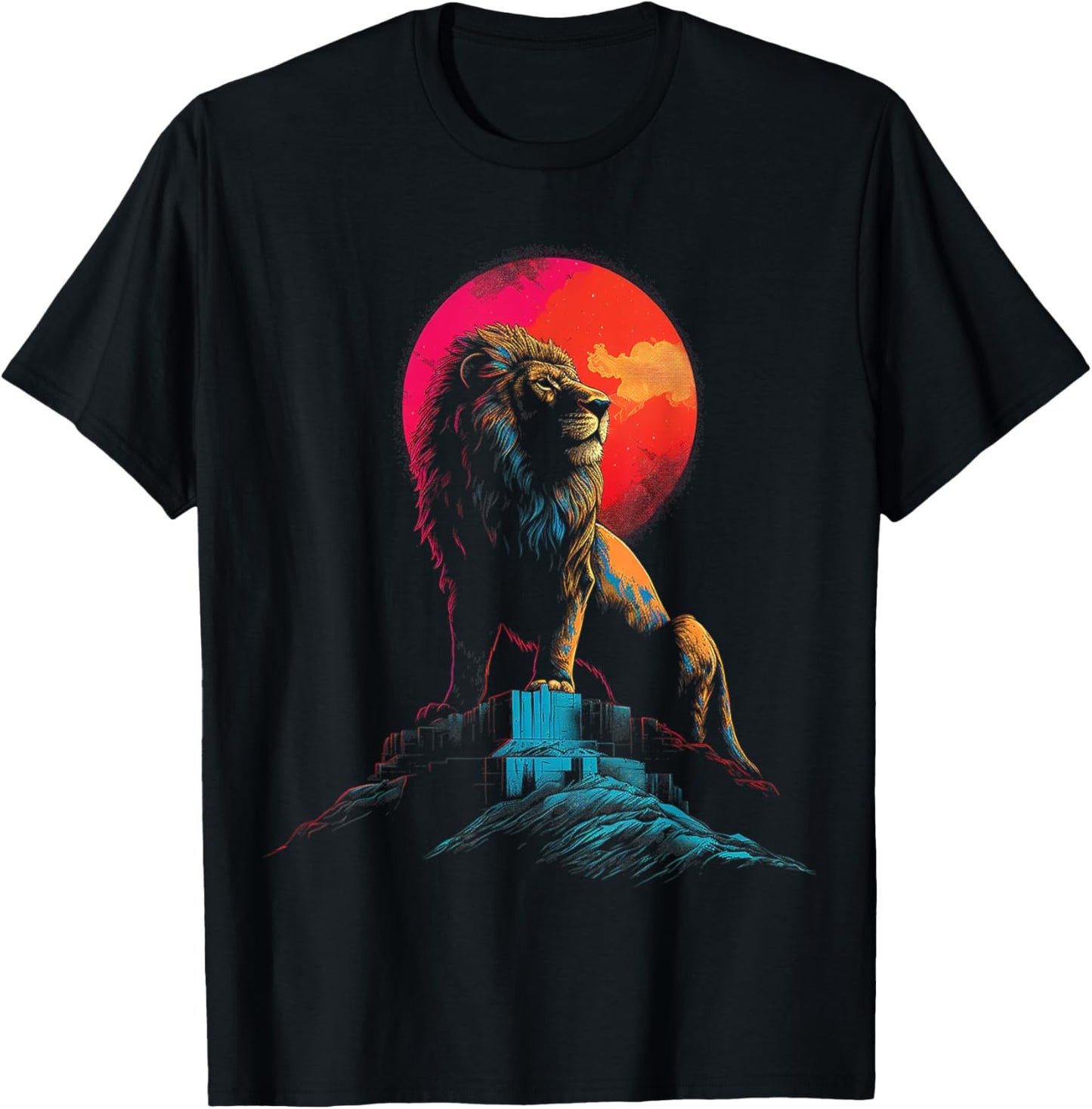 Lion Moon Colorful Animal Nature Illustration Art Lion T-Shirt - T-Shirt | Black