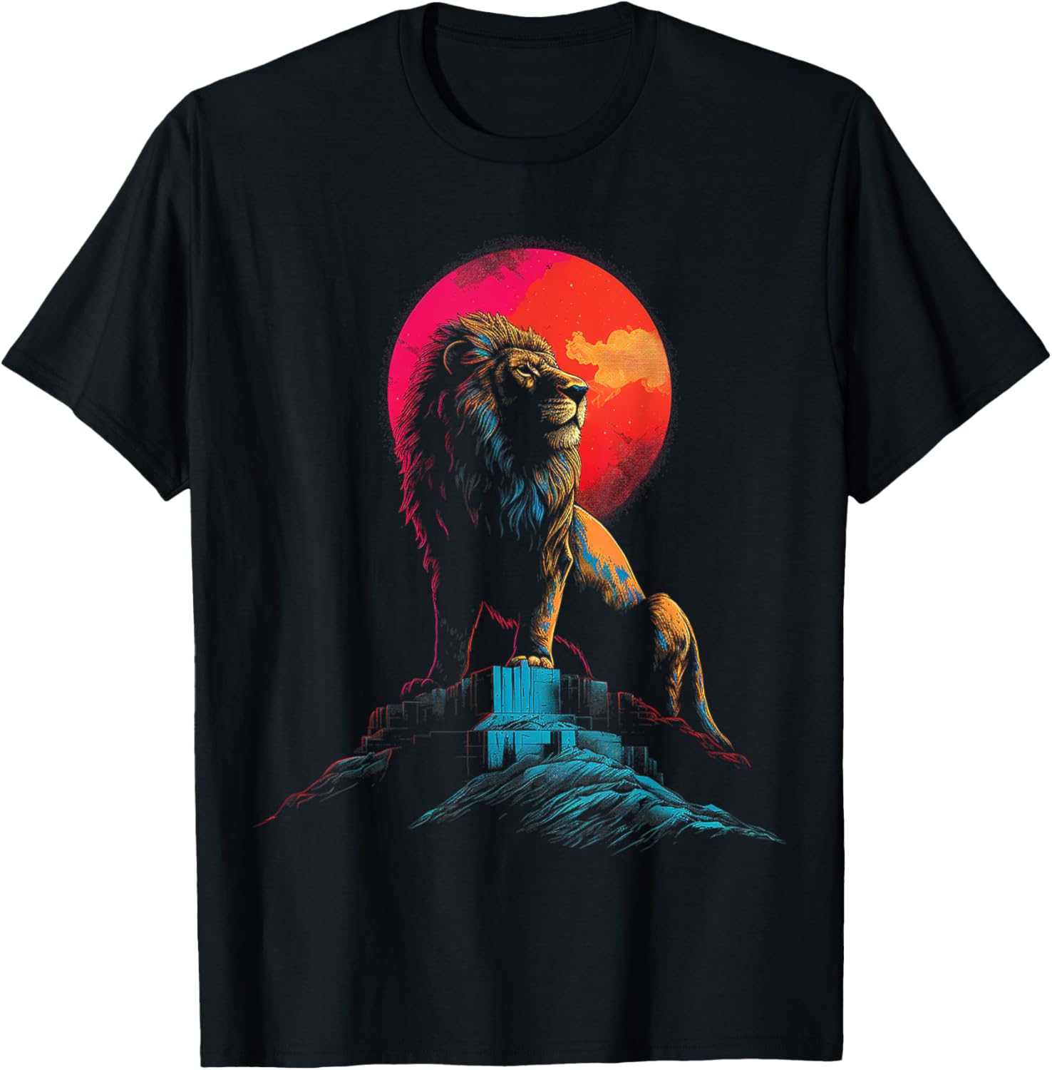 Lion Moon Colorful Animal Nature Illustration Art Lion T-Shirt - T-Shirt | Black