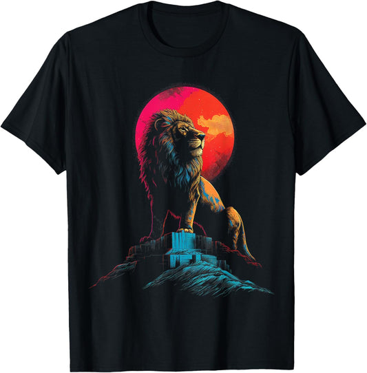 Lion Moon Colorful Animal Nature Illustration Art Lion T-Shirt - T-Shirt | Black