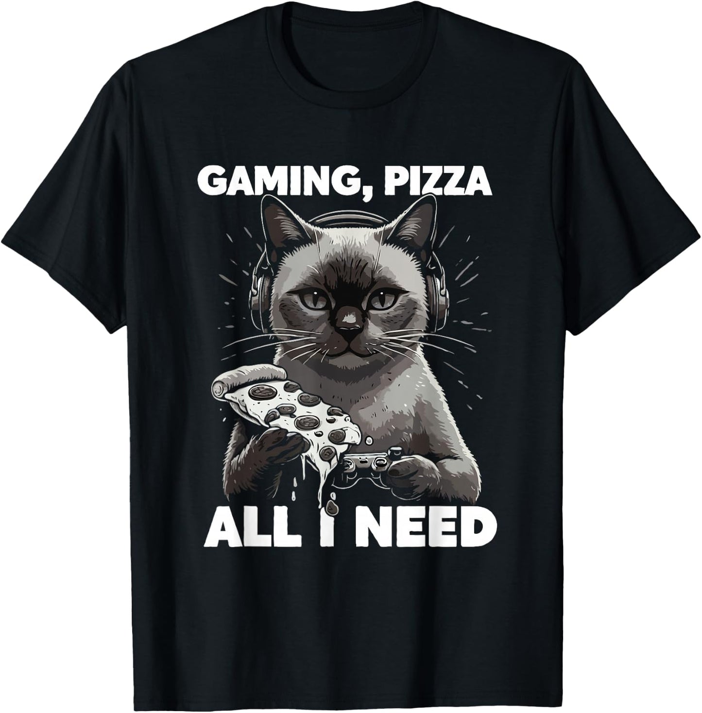 Gaming Cat with Pizza All Need Cats Lover Gamer T-Shirt - T-Shirt | Black