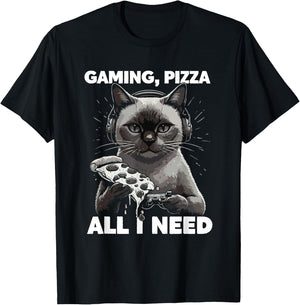 Gaming Cat with Pizza All Need Cats Lover Gamer T-Shirt - T-Shirt | Black