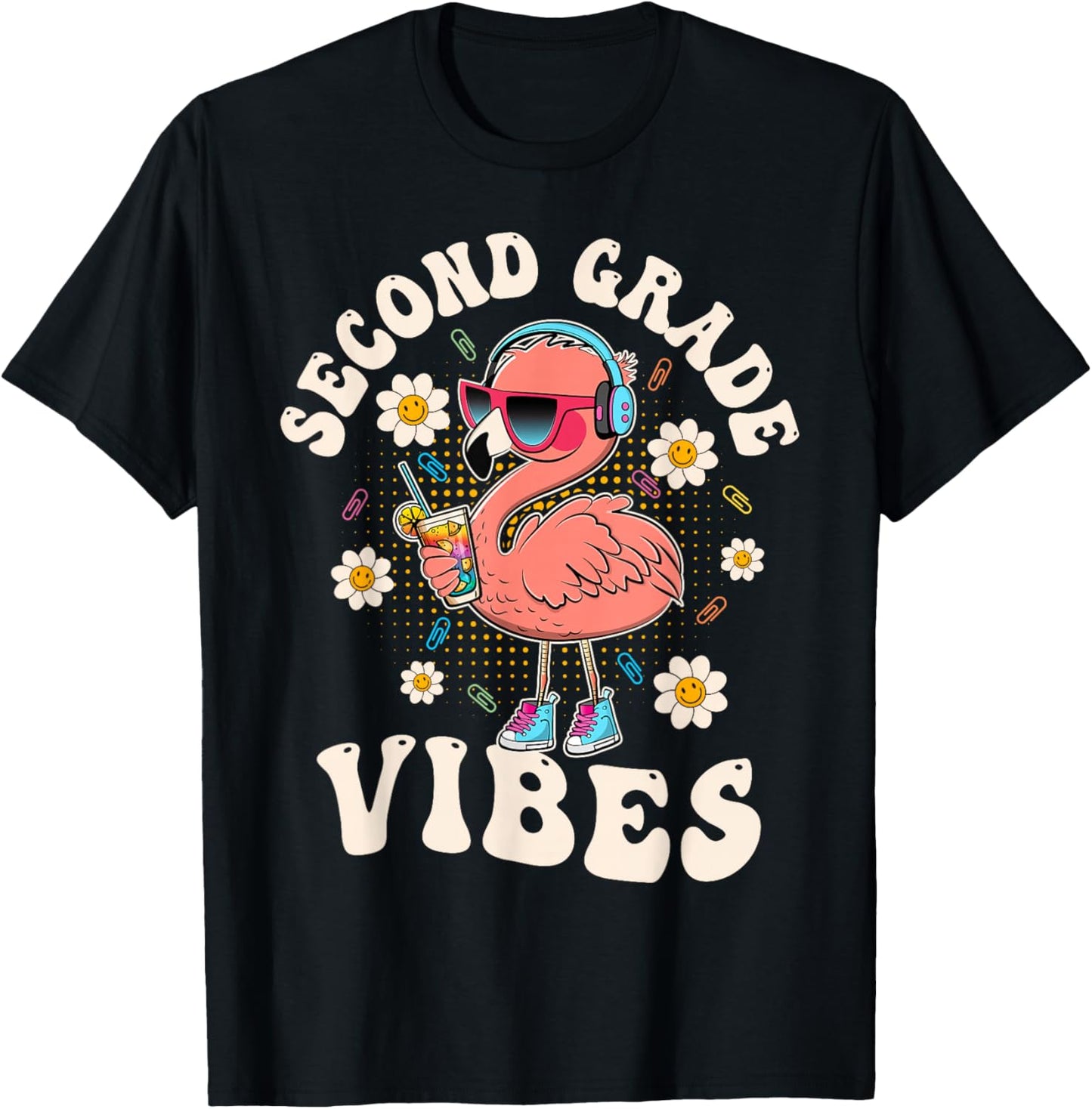 Flamingo Back to School Second Grade Vibes Teacher 2nd Grade T-Shirt - T-Shirt | Black