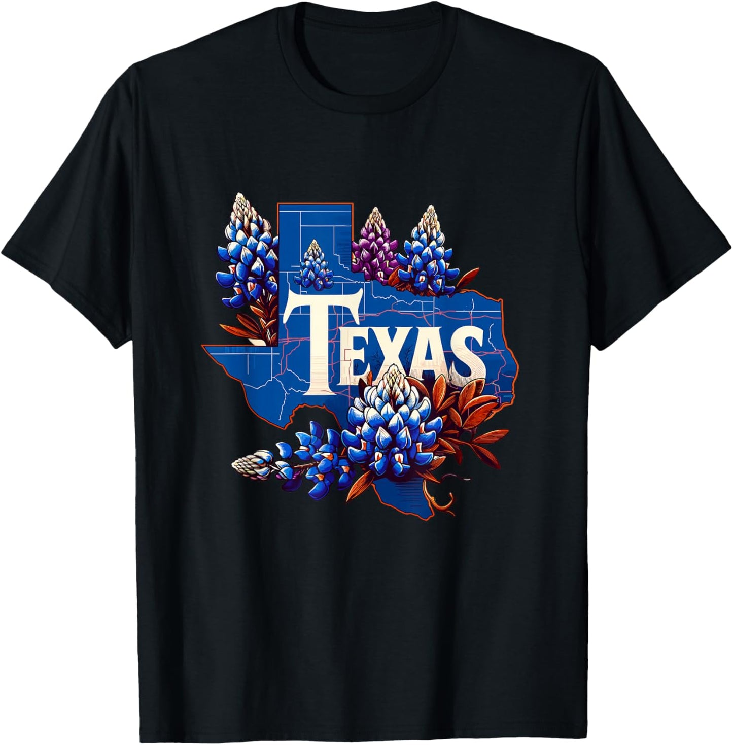 Texas State Outline Bluebonnet State Texas Flower T-Shirt - T-Shirt | Black