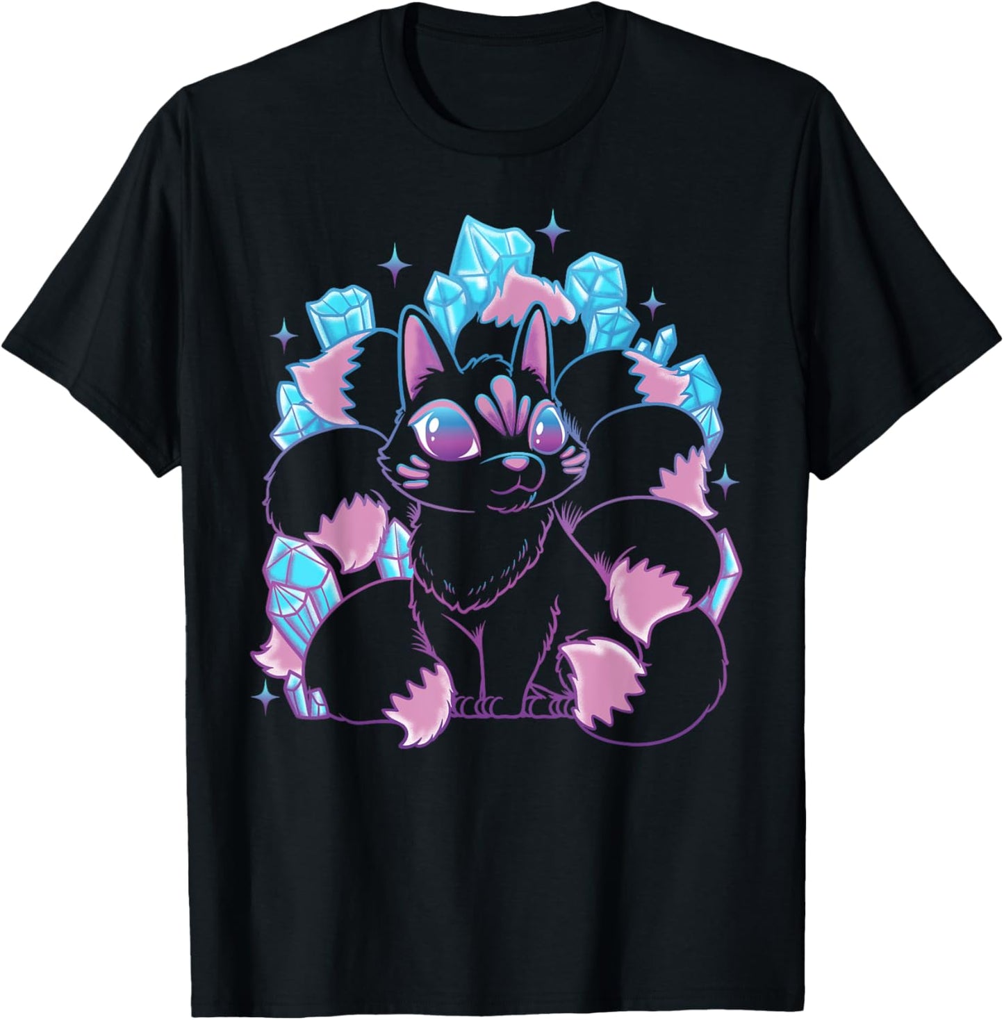 Kawaii Kitsune Nine Tailed Fox Japanese Mythical Creature T-Shirt - T-Shirt | Black