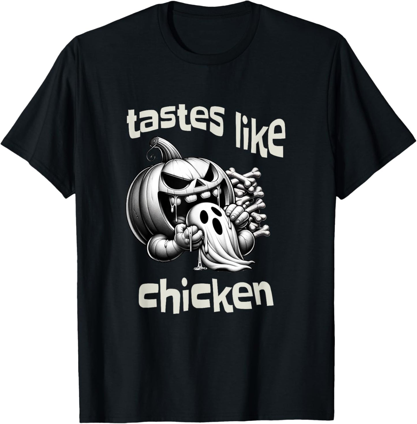 Funny Halloween Pumpkin Eating Ghost Tastes Like Chicken T-Shirt - T-Shirt | Black