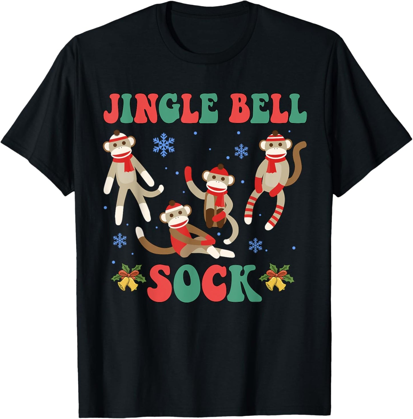 Jingle Bell Sock Funny Sock Monkey Christmas Monkey Lovers T-Shirt - T-Shirt | Black
