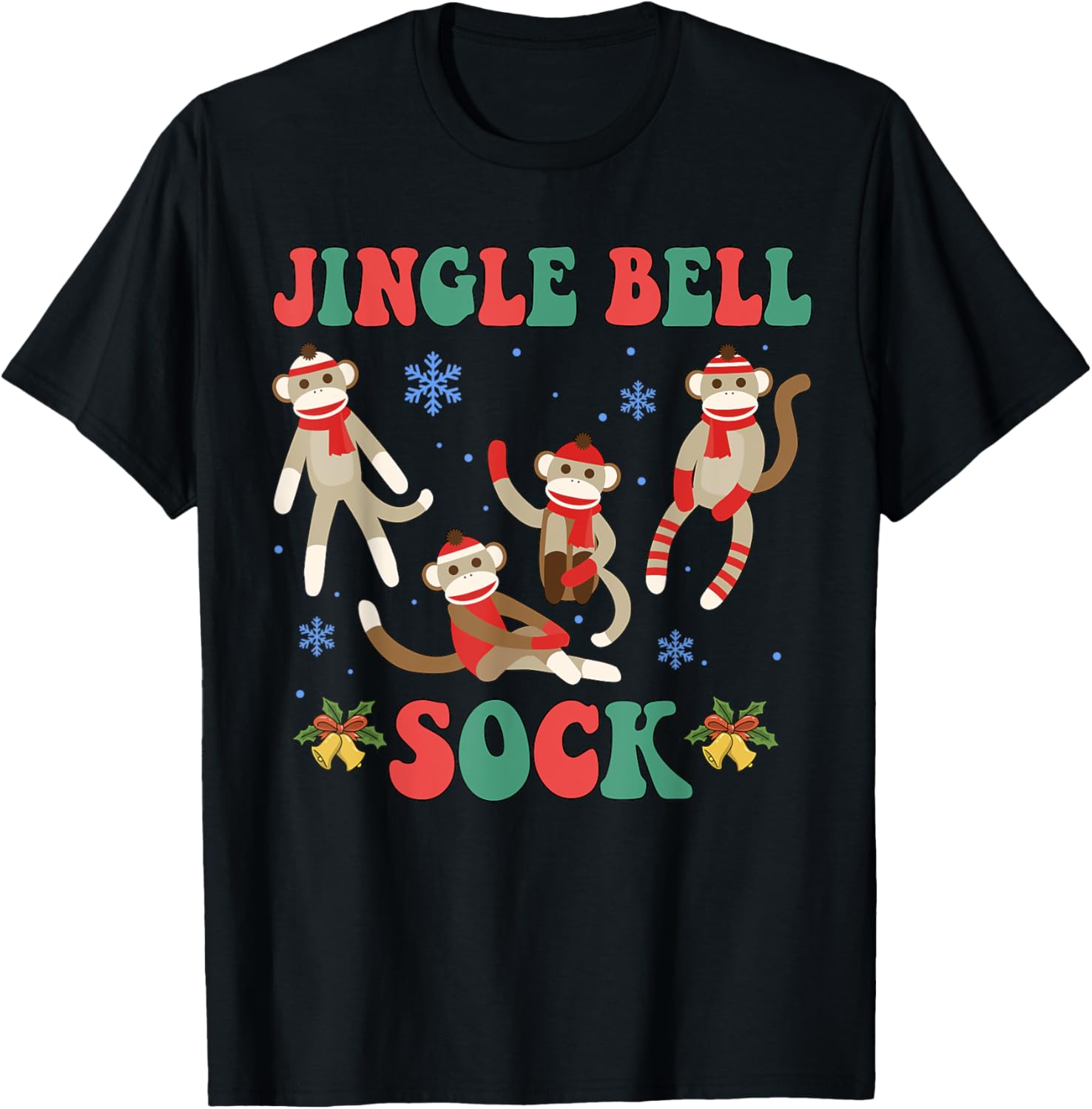 Jingle Bell Sock Funny Sock Monkey Christmas Monkey Lovers T-Shirt - T-Shirt | Black