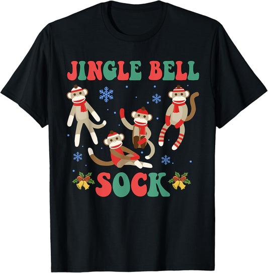 Jingle Bell Sock Funny Sock Monkey Christmas Monkey Lovers T-Shirt - T-Shirt | Black