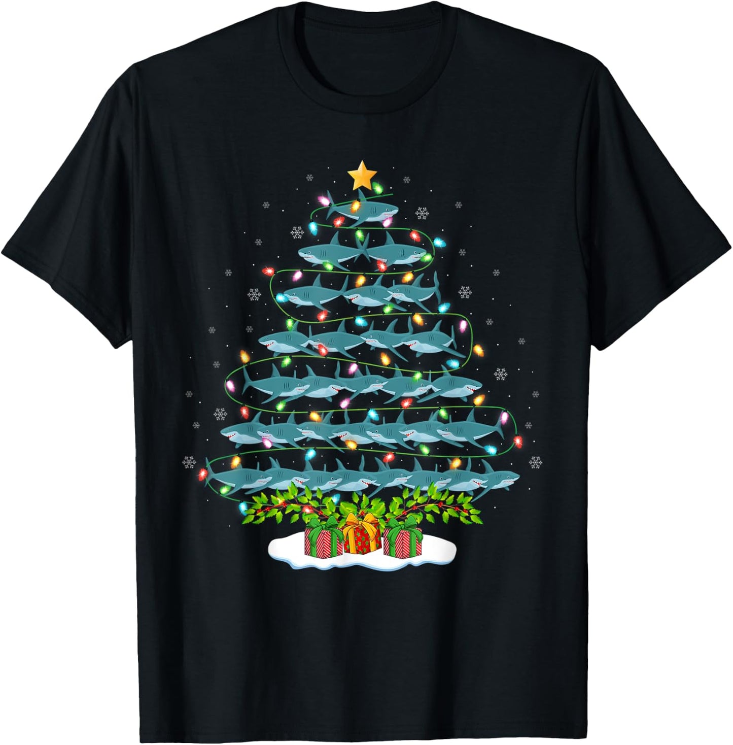 Shark Lover Xmas Holiday Santa Shark Christmas Tree T-Shirt - T-Shirt | Black