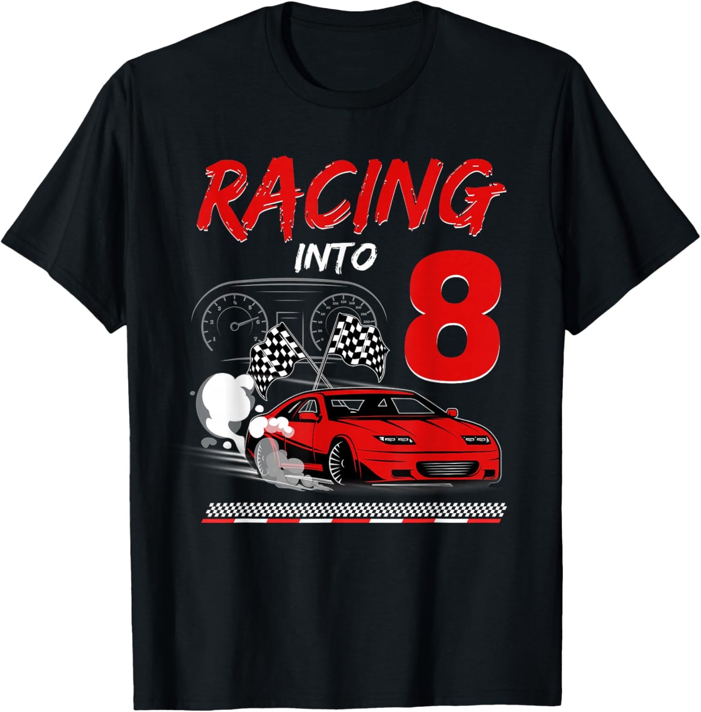 Racing into 8 Year Old Birthday Race Car 8th Boy Party T-Shirt - T-Shirt | Black