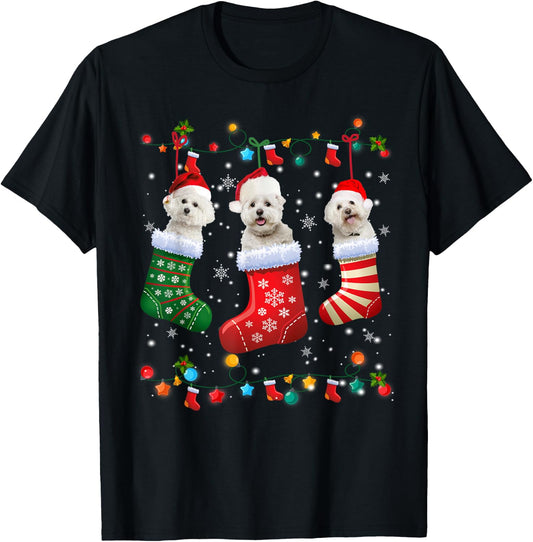 Christmas Socks Pajama Bichon Frise Dog Puppy Lover T-Shirt - T-Shirt | Black