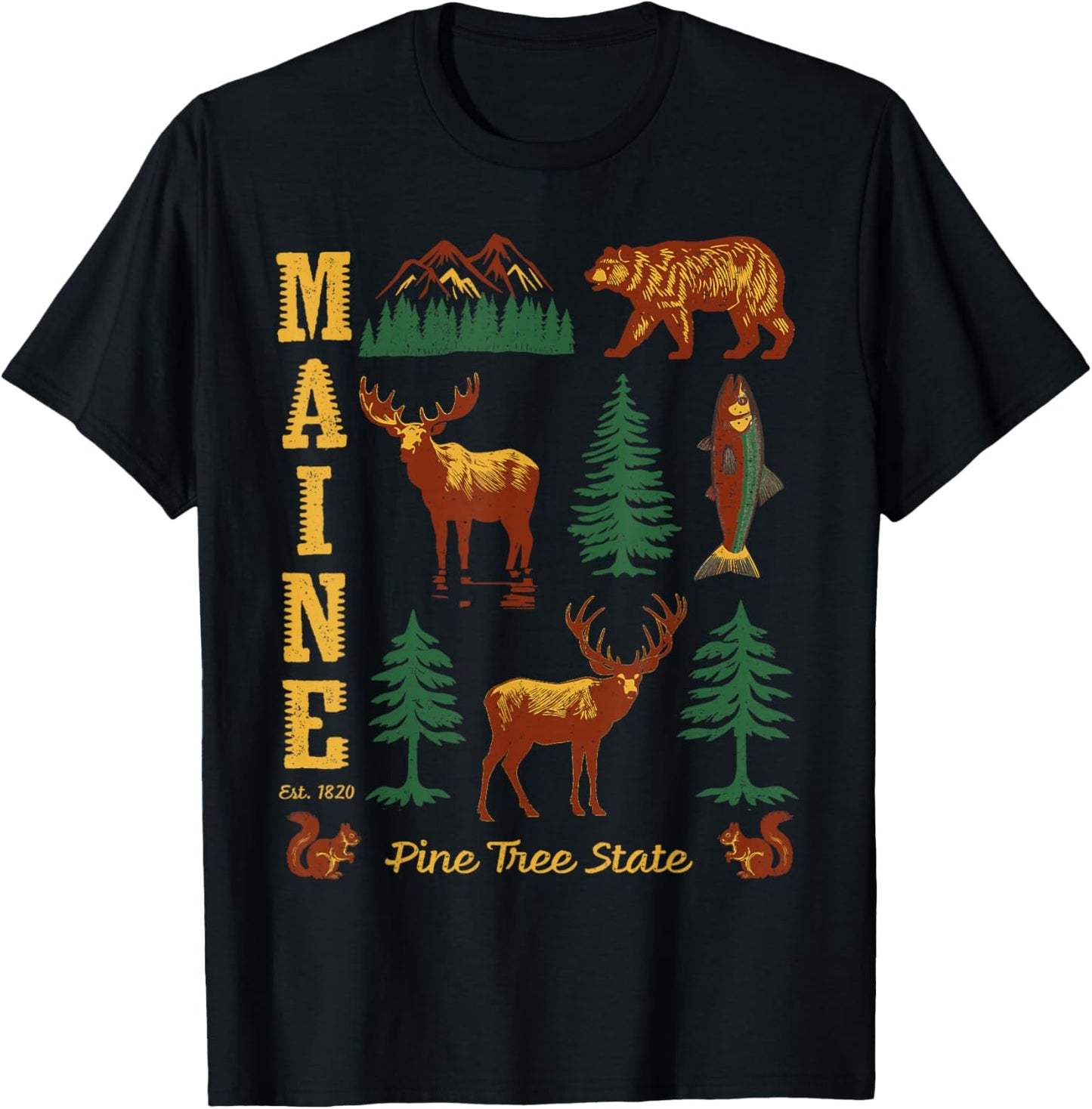 Maine Vintage Style Bear Moose Trees Deer Retro Souvenir T-Shirt - T-Shirt | Black