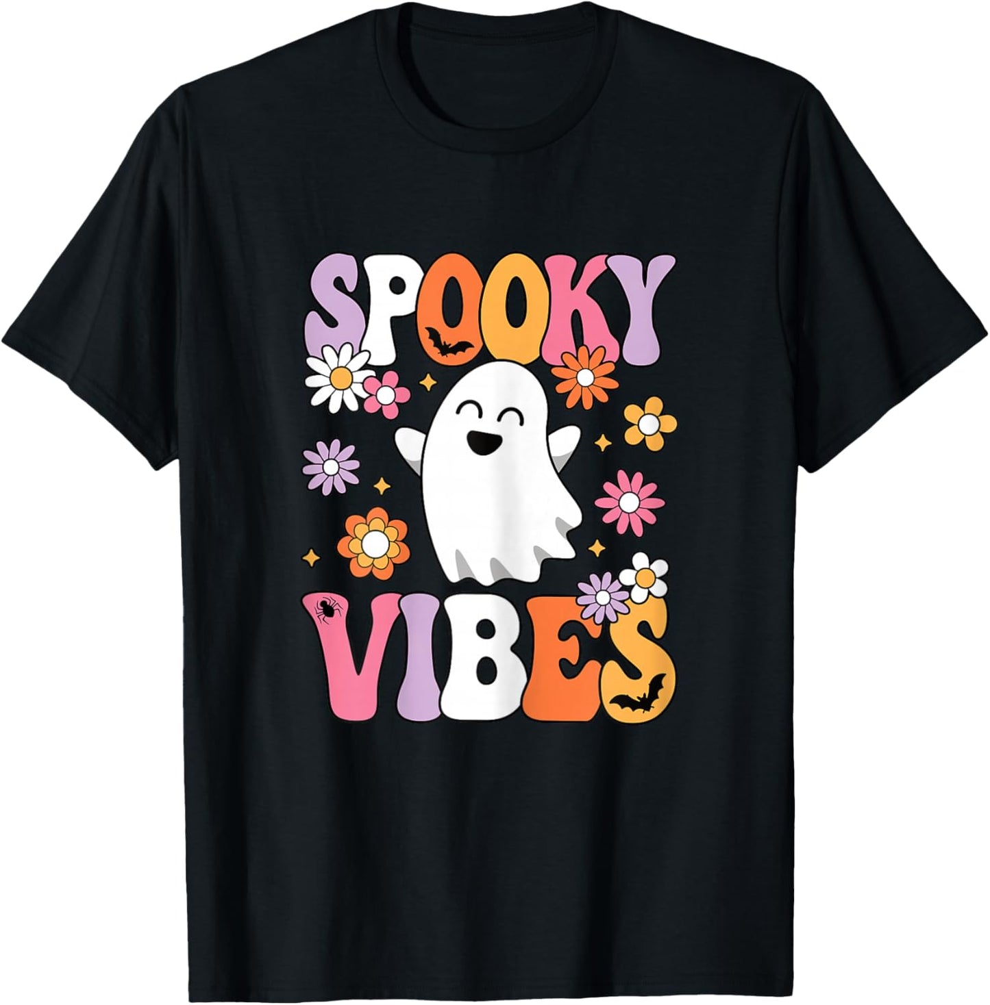 Spooky Vibes Groovy Halloween Ghost Women Girls Teens Kids T-Shirt - T-Shirt | Black