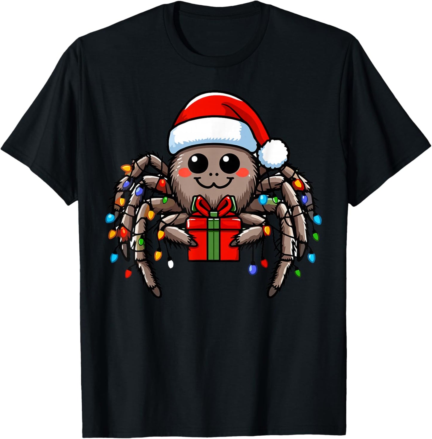 Spider Wearing Santa Claus Hat Holding A Present Box Xmas T-Shirt - T-Shirt | Black