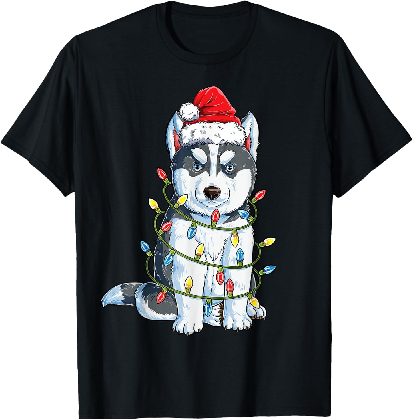 Siberian Husky Santa Christmas Tree Lights Xmas Boys Dog T-Shirt - T-Shirt | Black