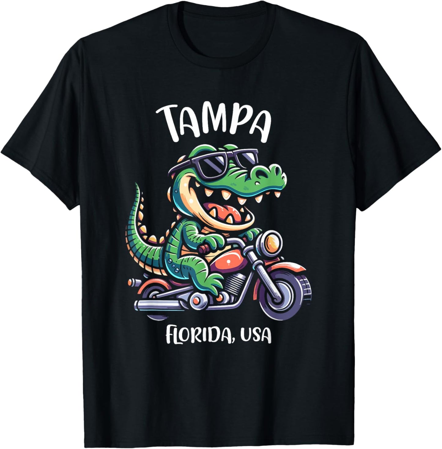 Tampa Florida USA Alligator Motorcycle Cartoon Design T-Shirt - T-Shirt | Black