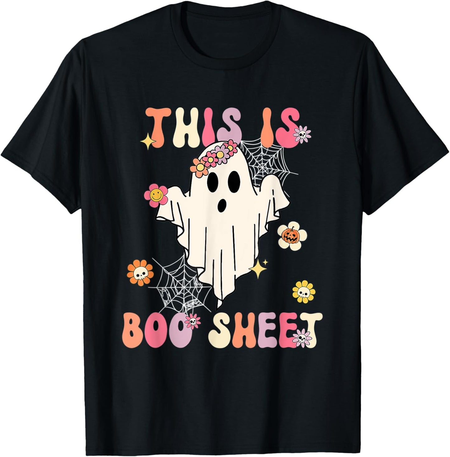Cute Halloween Retro Groovy Spooky This Is Boo Sheet Present T-Shirt - T-Shirt | Black