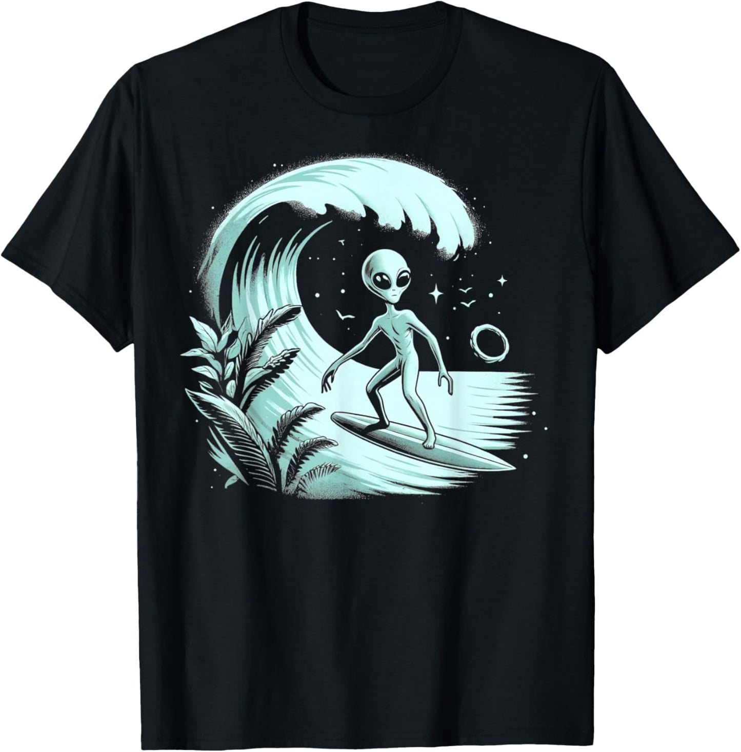 Alien Surfing Wave at Tropical Ocean Vintage Surf T-Shirt - T-Shirt | Black
