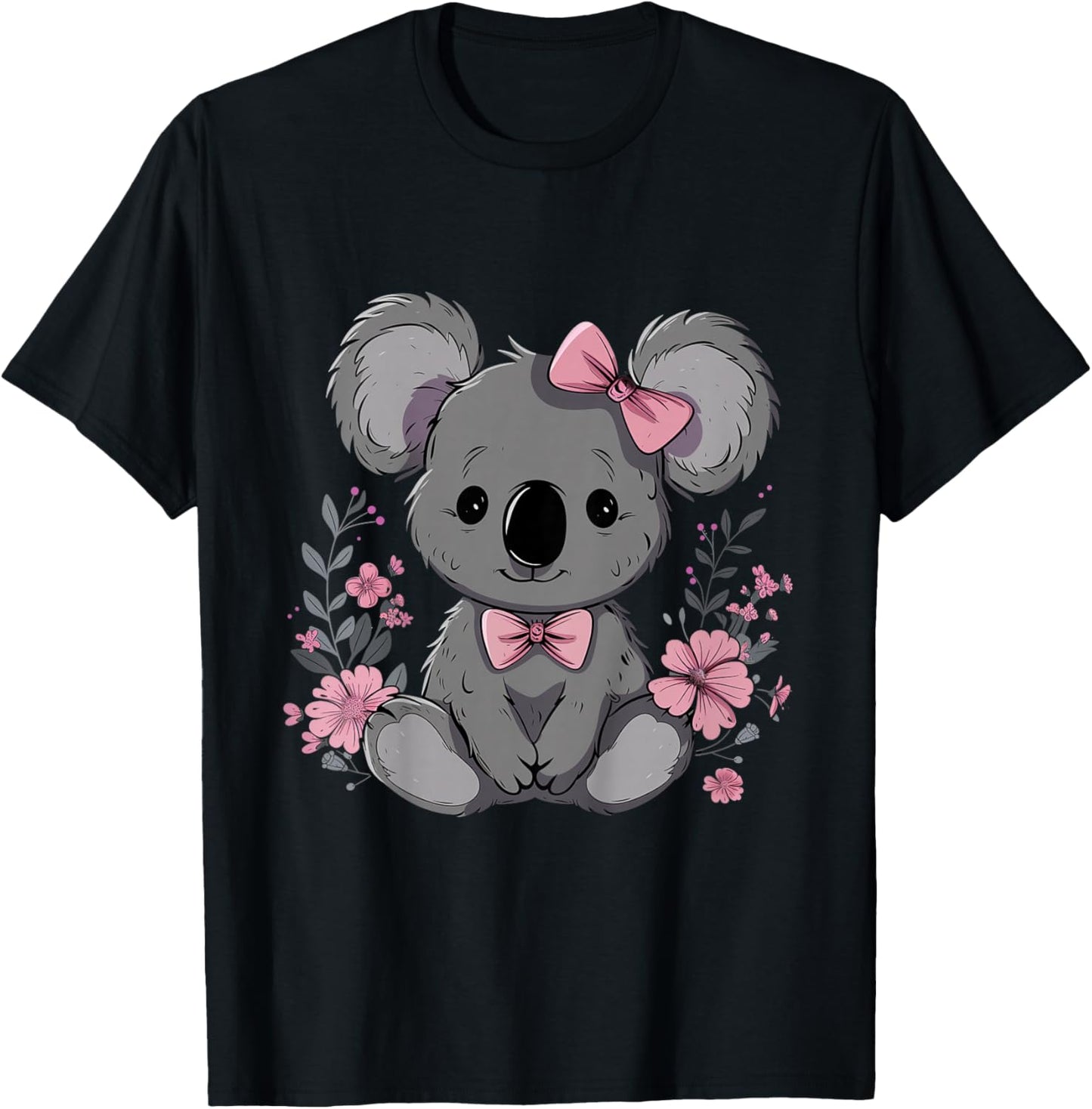 Koala Cute Kawaii Koala Bear Pink Bow Flowers Girls Kids T-Shirt - T-Shirt | Black