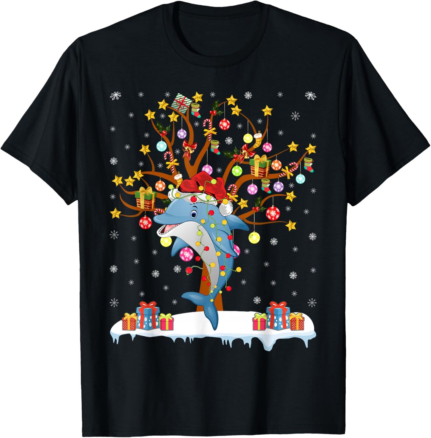 Dolphin Lighting Xmas Tree Gift Dolphin Christmas Tree T-Shirt - T-Shirt | Black