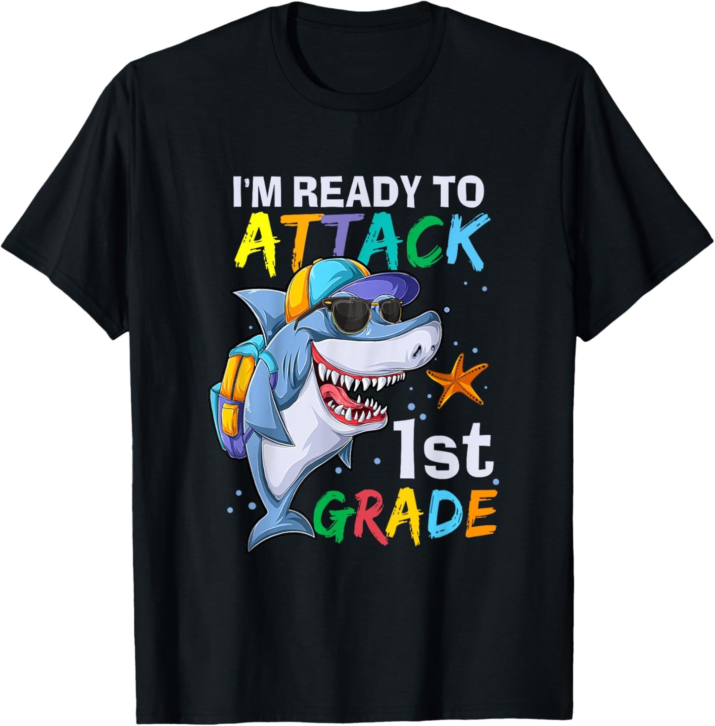 Ready To Attack 1st Grade Shark Back To School Sea Animal T-Shirt - T-Shirt | Black