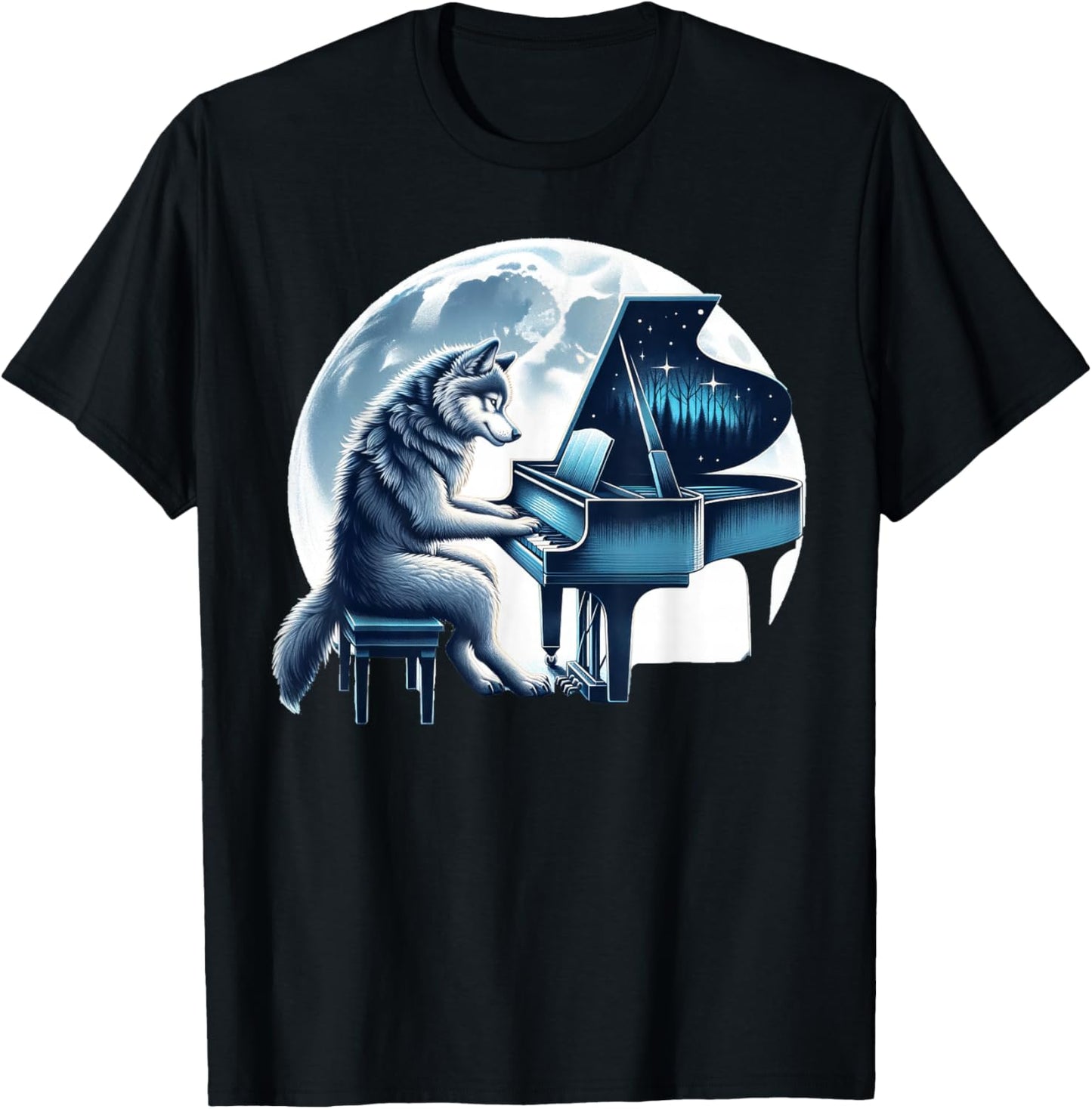 Cute Wolf Playing Piano Wolves Musician Music T-Shirt - T-Shirt | Black
