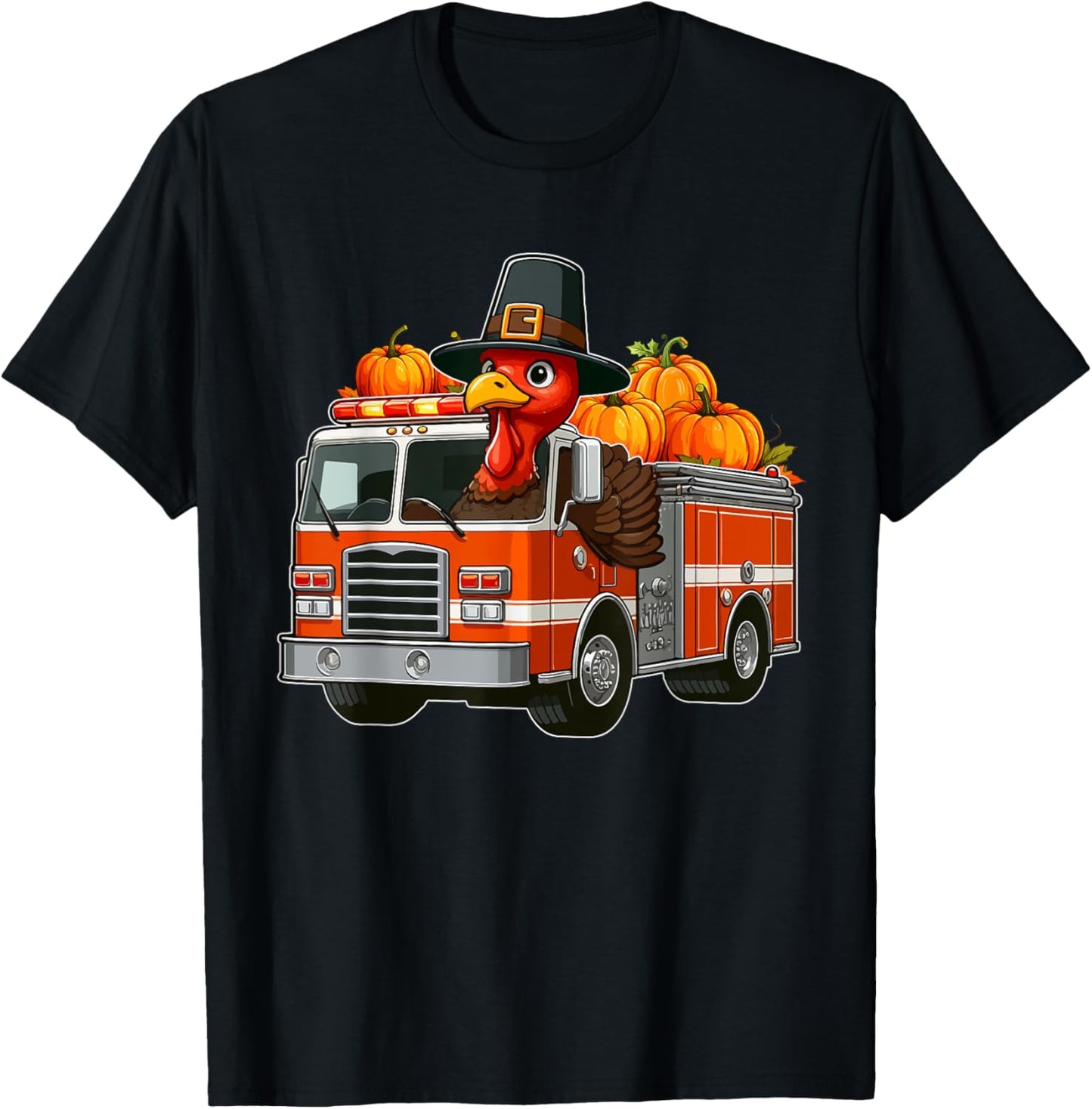 Turkey Driving Fire Truck Thanksgiving Driver Fall Pumpkins T-Shirt - T-Shirt | Black