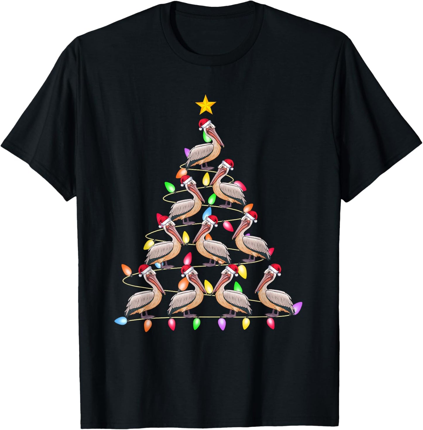Christmas Tree Lights Men Women Santa Pelican Xmas PJs T-Shirt - T-Shirt | Black
