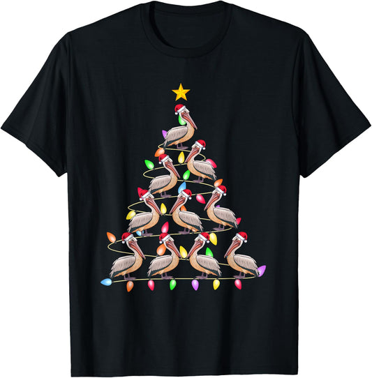 Christmas Tree Lights Men Women Santa Pelican Xmas PJs T-Shirt - T-Shirt | Black