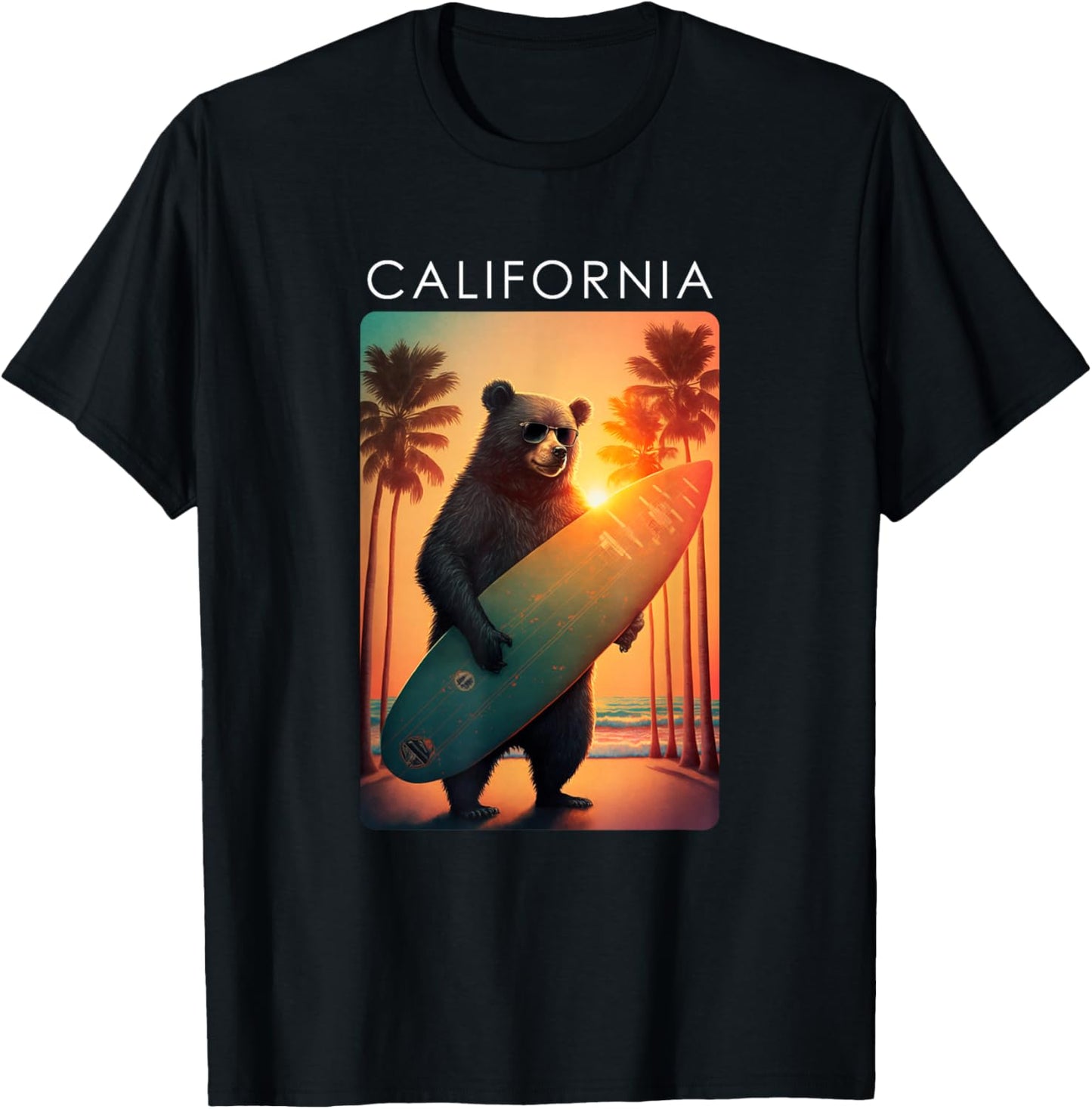 California Shirt Cool Republic Bear Surfing Beach California T-Shirt - T-Shirt | Black