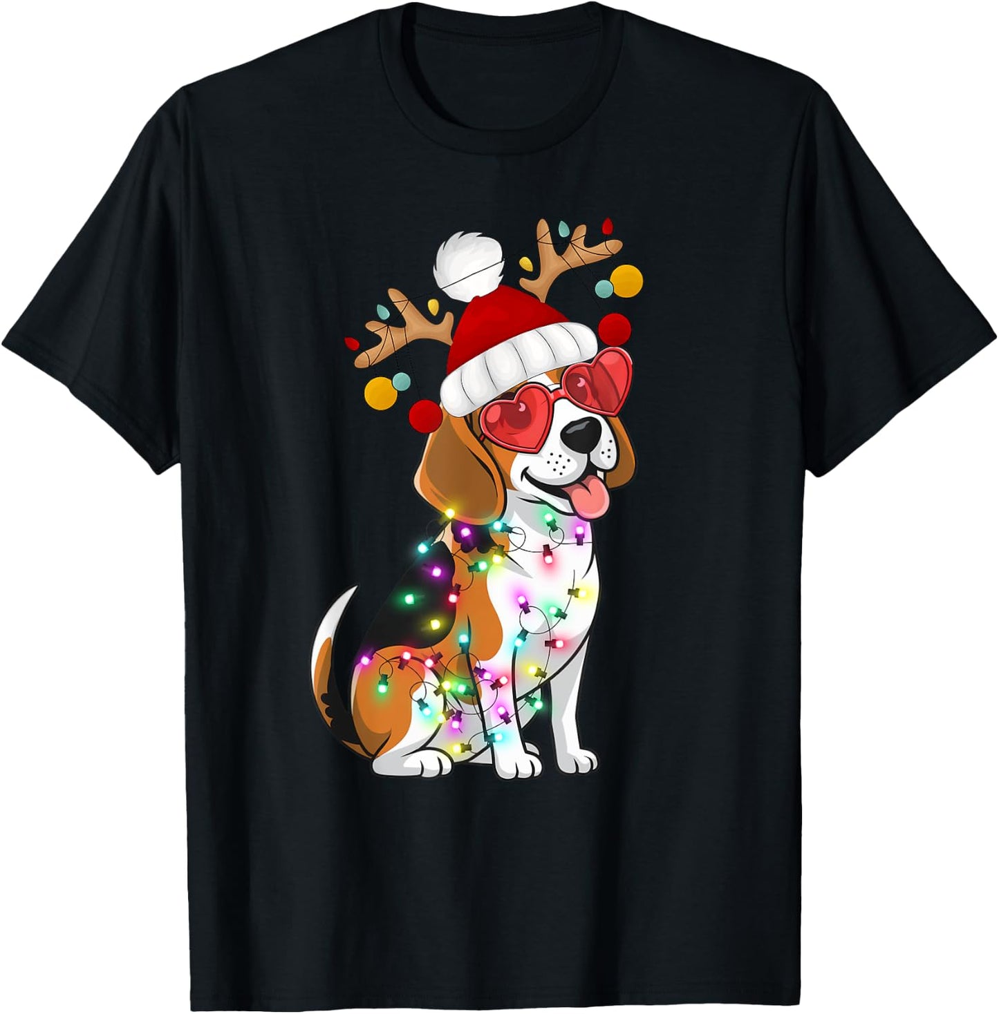 Beagle Dog Christmas Lights Santa Holiday Design T-Shirt - T-Shirt | Black