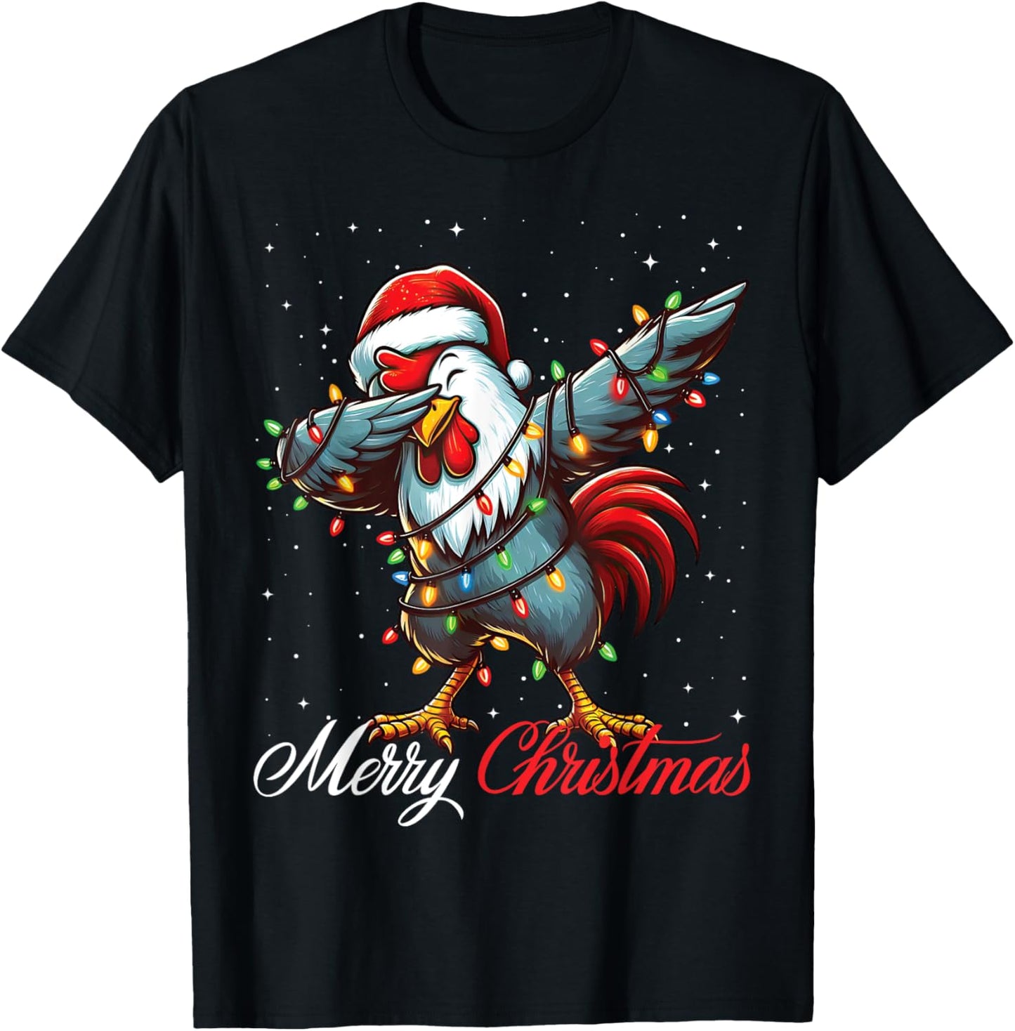 Dabbing Rooster Merry Christmas Lights Santa Hat Xmas Snow T-Shirt - T-Shirt | Black