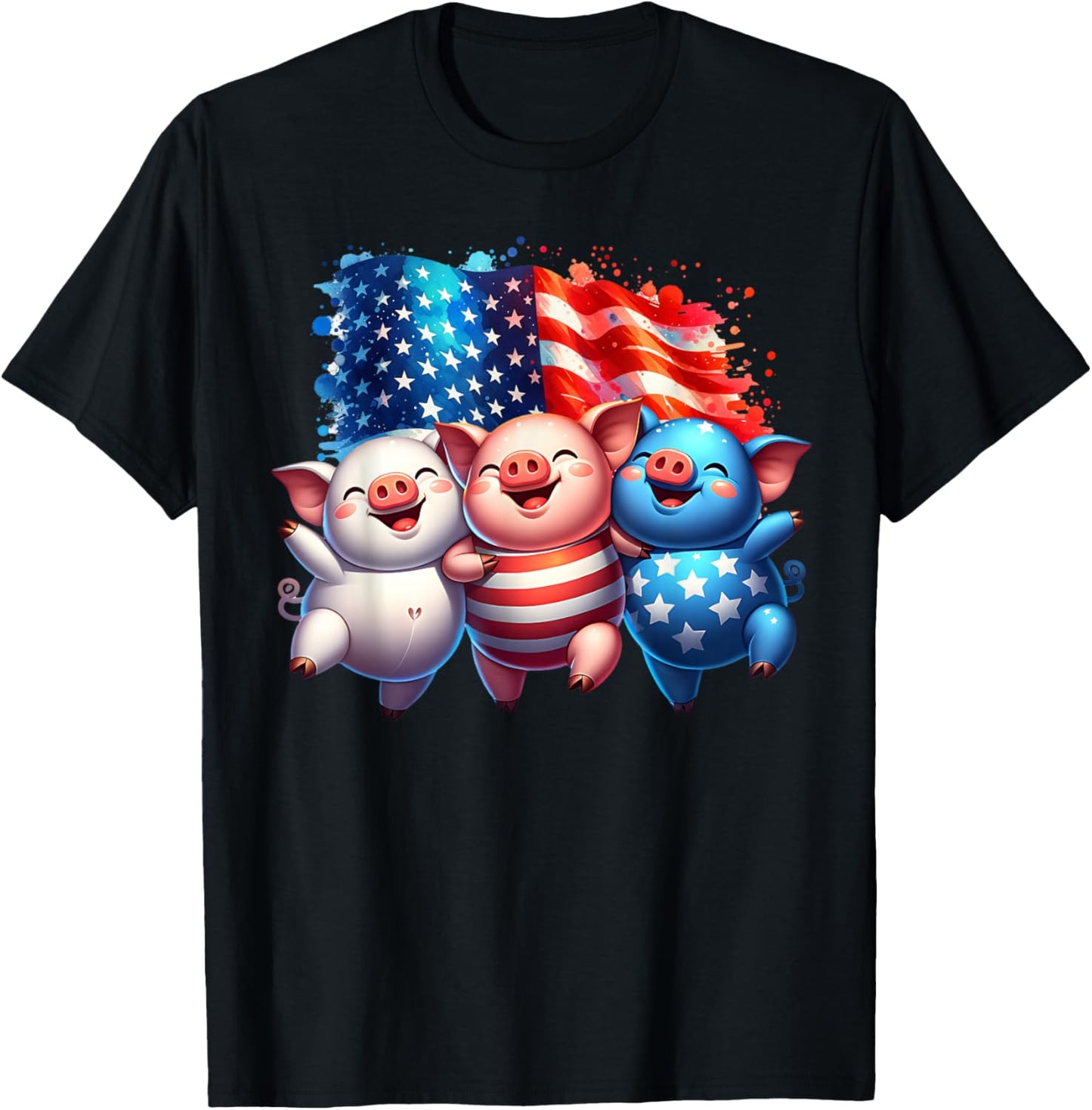 4th of July Funny Patriotic Pigs USA Flag Red White Blue T-Shirt - T-Shirt | Black