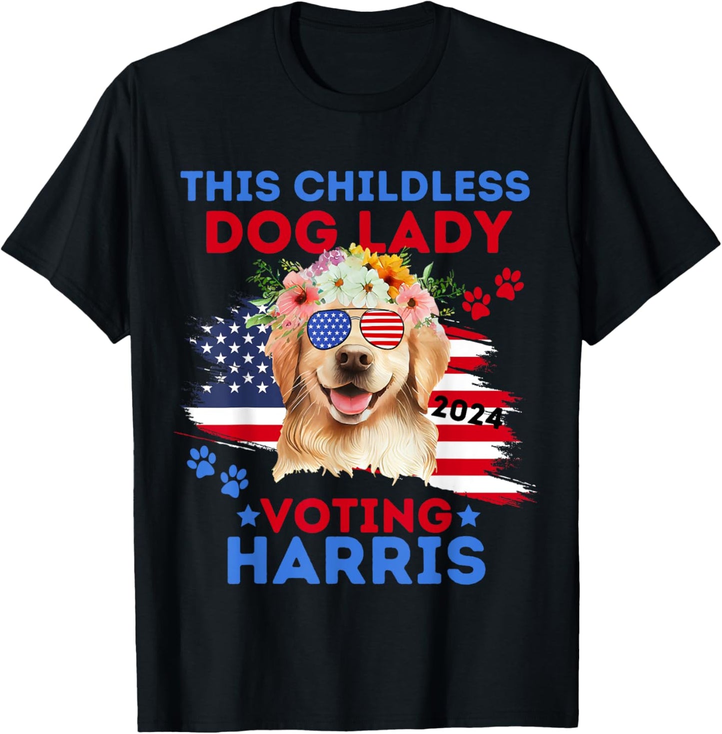 Childless Dog Lady Vote Kamala Harris 2024 Golden Retriever T-Shirt - T-Shirt | Black