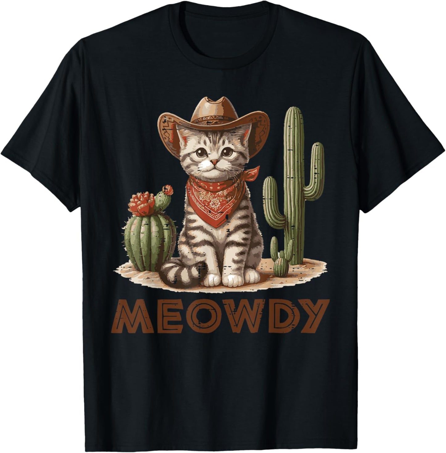 Cat Cowboy Hat Cactus Meowdy Cute Kitten Kitty Women Men Kid T-Shirt - T-Shirt | Black