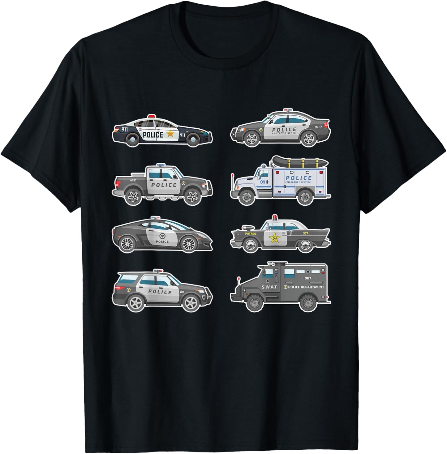 Police Cars Police Vehicles Kids Boys Toddler Cop Car Girls T-Shirt - T-Shirt | Black