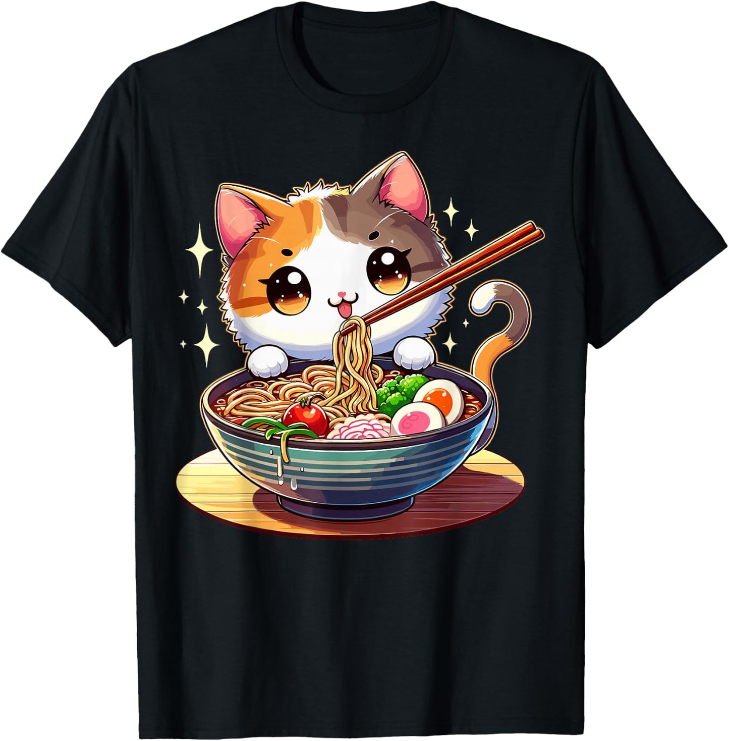 Cat Ramen Noodles Anime Kawaii Japanese Cat T-Shirt - T-Shirt | Black
