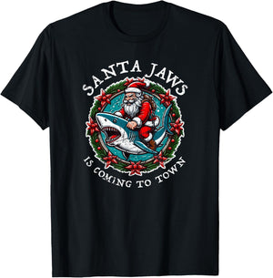 Santa Jaws Is Coming To Town Christmas Santa Jaws Xmas Shark T-Shirt - T-Shirt | Black