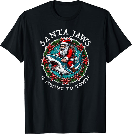 Santa Jaws Is Coming To Town Christmas Santa Jaws Xmas Shark T-Shirt - T-Shirt | Black