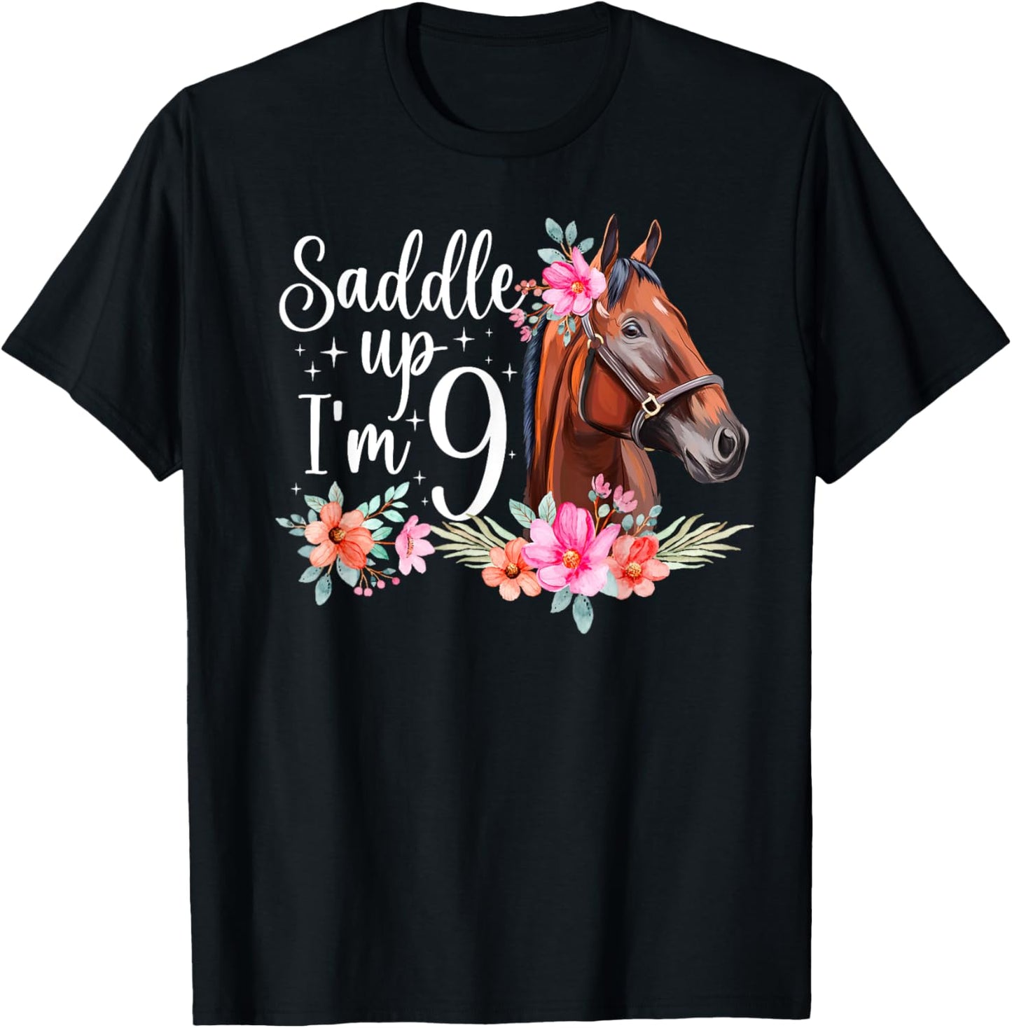9th Horse Birthday Nine Year Old Girl Horses Birthday T-Shirt - T-Shirt | Black