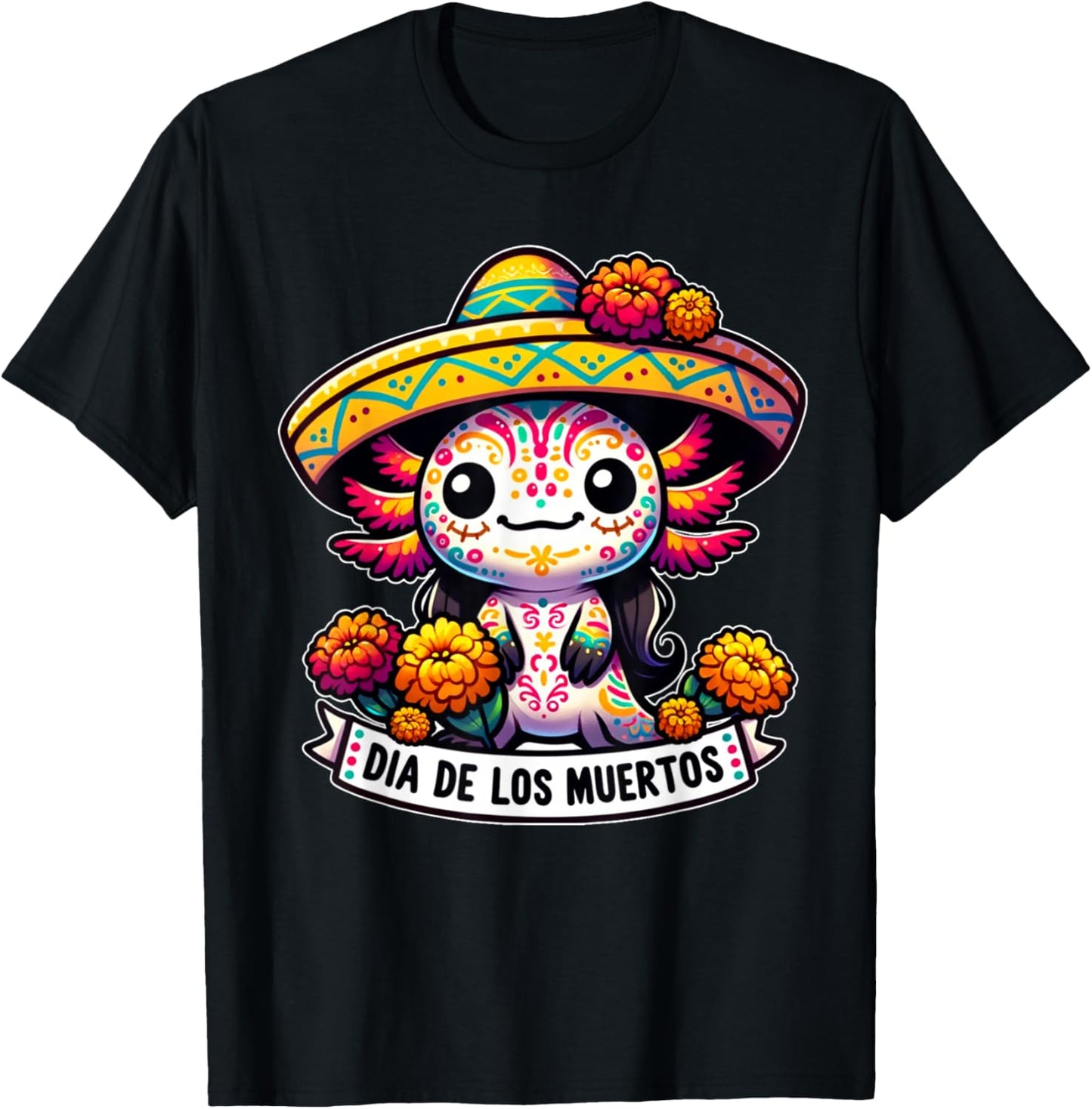 Colorful Axolotl Dia De Los Muertos Mexico T-Shirt - T-Shirt | Black
