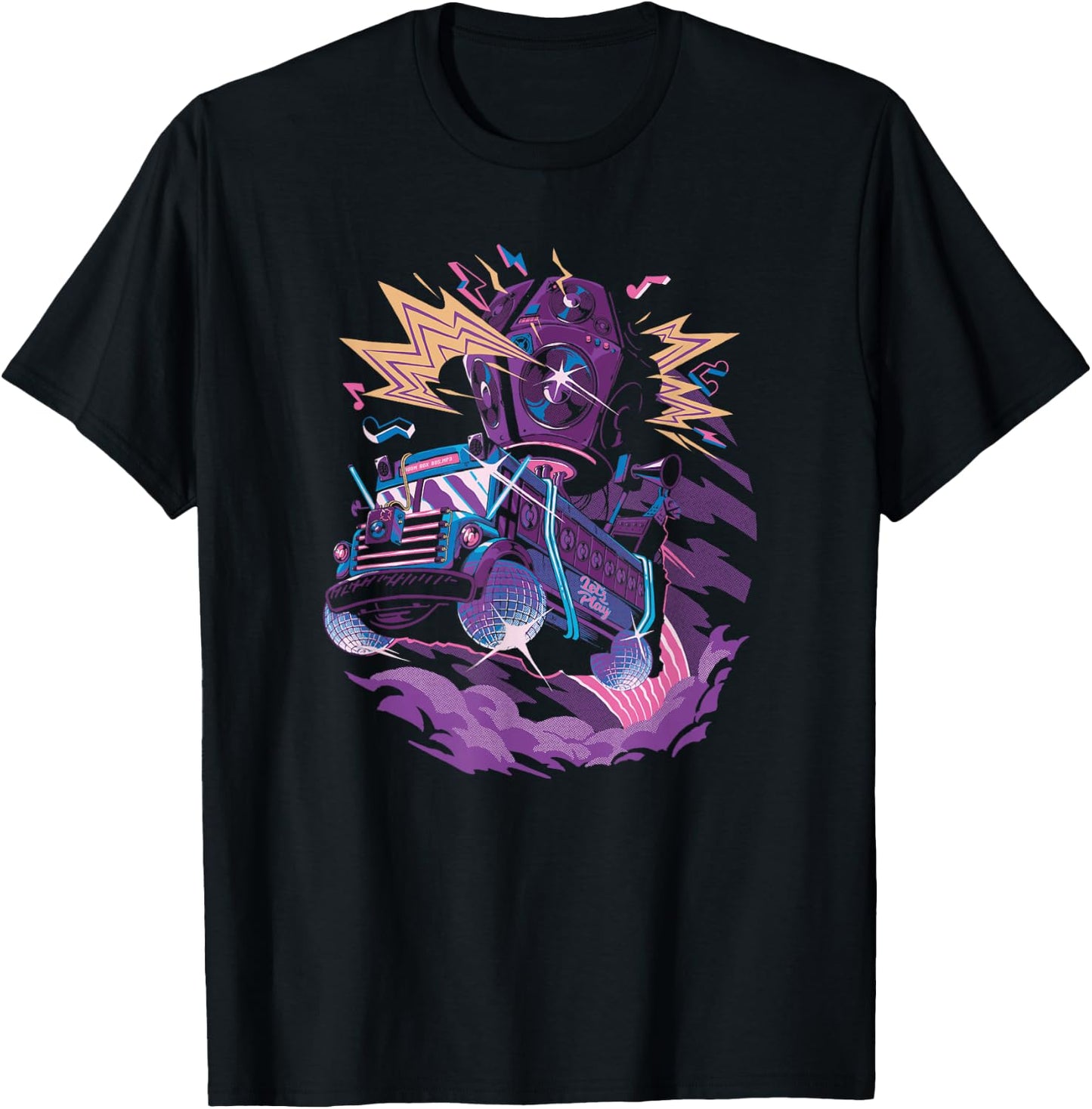 Fortnite Battle Bus Flying Retro Lightning Art T-Shirt - T-Shirt | Black