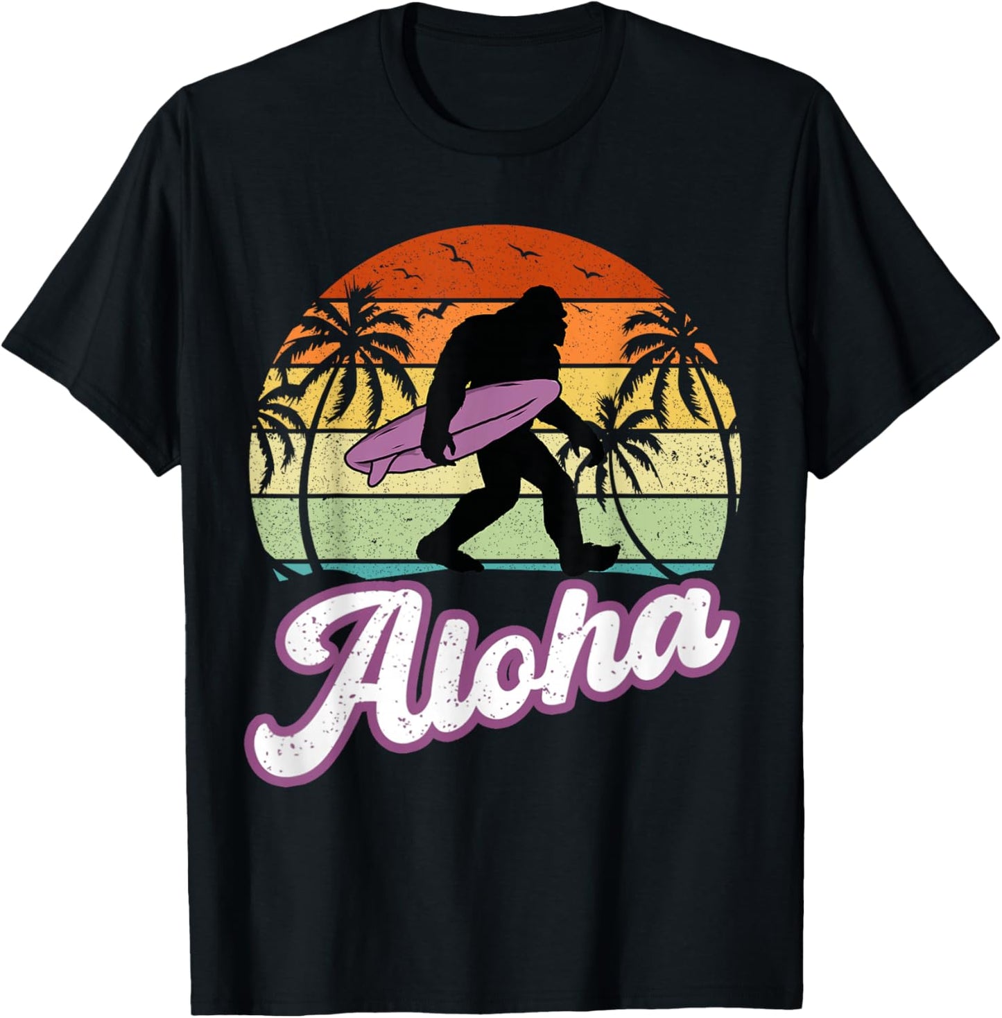 Aloha Bigfoot Cradling Surfboard Sasquatch in Hawaii Vintage T-Shirt - T-Shirt | Black